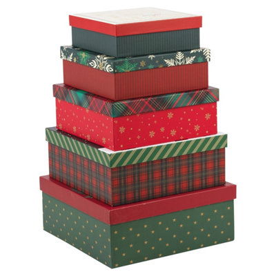 Set of 5 Festive Christmas Nesting Gift Boxes Lids Graduated Sizes Red ...