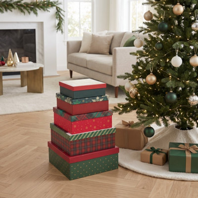 Set of 5 Festive Christmas Nesting Gift Boxes Lids Graduated Sizes Red ...