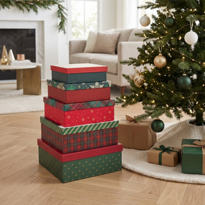 Set of 5 Festive Christmas Nesting Gift Boxes Lids Graduated Sizes Red ...