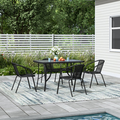 Set of 5 Furniture Set Outdoor Black Stackable 4 Seat and Dining Table Set for Garden Patio Lounge Balcony 120cm