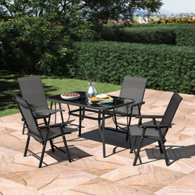 Set of 5 Garden Ripple Glass Rectangle Umbrella Table and Folding Chairs Set 120 cm