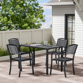 Set of 5 Grey WPC Metal 4 Seater Garden Dining Furniture Set Square Table and Chairs Set with Umbrella Hole 120cm