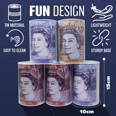 Set Of 5 Pound Note Design Money Tin - Piggy Bank Box Savings Cash Coin Saving Box Ideal For Birthday, Holiday, Christmas Fund