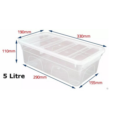 Set of 5 Transparent Clear Plastic Storage Box Boxes Lid Home Stackable Food Save Storer 5 litre