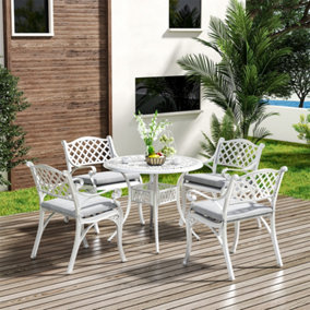 Set of 5 White Retro Cast Aluminum Garden Bistro Furniture Set Round Table and Chair Set with Cushions