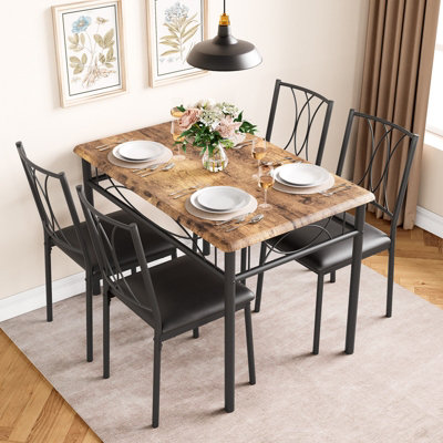 Set of 5 Wooden Dining Table Set with 4 Upholstered Chairs and 1 ...