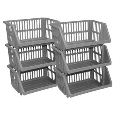Set of 6 - 35cm Silver Plastic Stacking Storage Baskets - Multi-Purpose ...