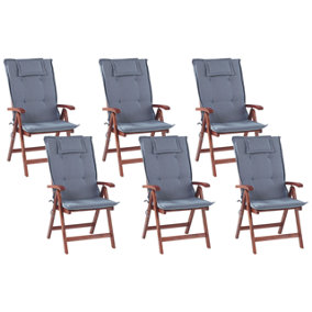 Set of 6 Acacia Garden Folding Chairs with Blue Cushions TOSCANA