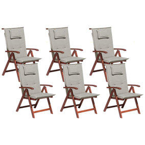 Set of 6 Acacia Wood Garden Chair Folding with Taupe Cushion TOSCANA