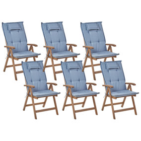 Set of 6 Acacia Wood Garden Folding Chairs Dark Wood with Blue Cushions AMANTEA
