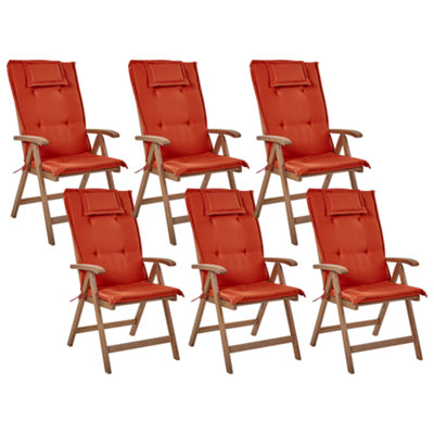 Set of 6 Acacia Wood Garden Folding Chairs Dark Wood with Red Cushions