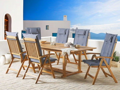 Set of 6 Acacia Wood Garden Folding Chairs with Blue Cushions JAVA