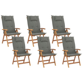 Set of 6 Acacia Wood Garden Folding Chairs with Graphite Grey Cushions JAVA