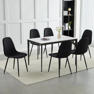 Set of 6 Black Linen Fabric Dining Chairs with Upholstered Seat and Metal Legs-Bella by MCC