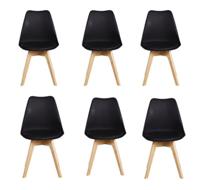 Set of 6 Black Scandinavian Dining Chairs with Leather Cushions Solid Wood Legs
