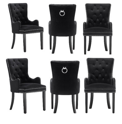 Set of 6 Black Velvet Dining Chairs with Armrest, Ergonomic Scoop Knockerback & Button Tufted Wood Legs