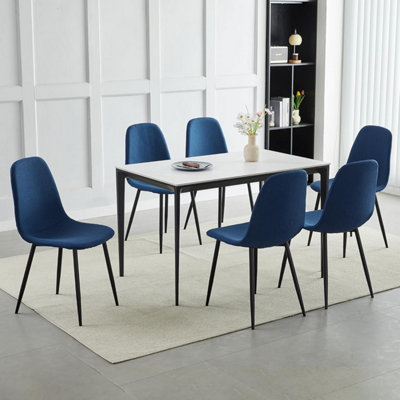 Set of 6 Blue Linen Fabric Dining Chairs with Upholstered Seat and Metal Legs-Bella by MCC