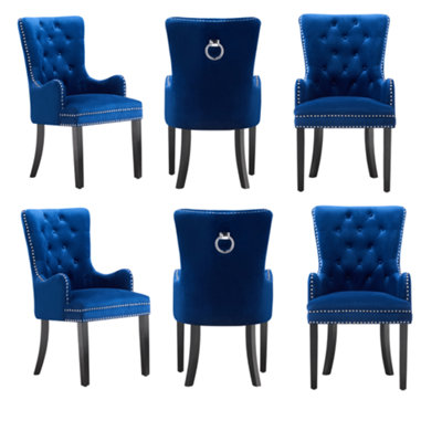 Set of 6 Blue Velvet Dining Chairs with Armrest, Ergonomic Scoop Knockerback & Button Tufted Wood Legs