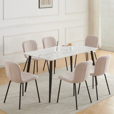 Set of 6 Brown Linen Fabric Dining Chairs with Upholstered Seat and Metal Legs-Bella by MCC