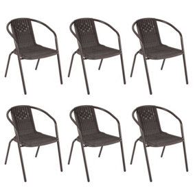 Set of 6 Brown Vintage Style Stacking Rattan Patio Garden Chairs Outdoor Armchairs with Metal Frame