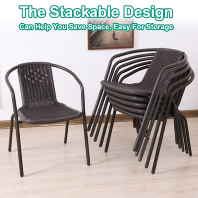 Set of 6 Brown Vintage Style Stacking Rattan Patio Garden Chairs Outdoor Armchairs with Metal Frame