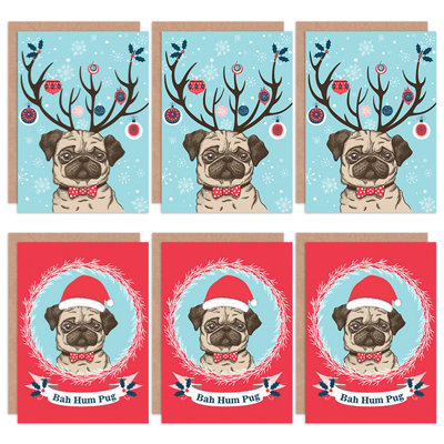 Set of 6 Christmas Cards Pug Dog Cute Funny Bah Humbug Set (2 Designs)