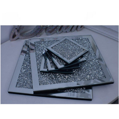 Set Of 6 Coasters 10x10 Placemats 25x25 Crushed Crystal Diamond Silver Mirrored