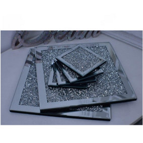 Set Of 6 Coasters 10x10 Placemats 25x25 Crushed Crystal Diamond Silver Mirrored