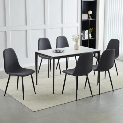 Set of 6 Dark Grey Linen Fabric Dining Chairs with Upholstered Seat and Metal Legs-Bella by MCC