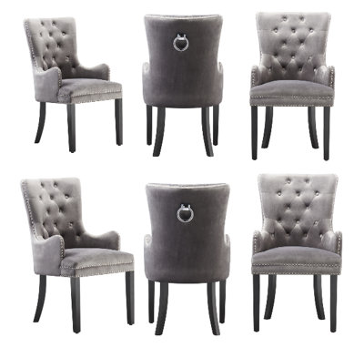 Set of 6 Dark Grey Velvet Dining Chairs with Armrest, Ergonomic Scoop Knockerback & Button Tufted Wood Legs