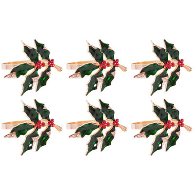 Set Of 6 Deluxe Holly Gem Napkin Rings Christmas Dinner Table Decoration Ring Buckle Serviette Holder Festive Party