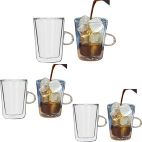 Set of 6 Double Wall Coffee / Tea Mugs 250ml with Handles Insulated Heat-Resistant Glass Cups 26-28