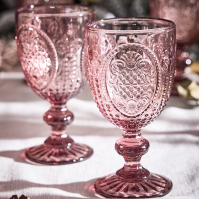 Set of 6 Fleur de Lys Pink Embossed Wine Goblets 300ml - Christmas ...