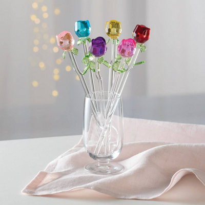Set of 6 Glass Roses in Six Colours, Iridescent Finish, H19cm