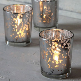 Set of 6 Glass Speckled Votive in Silver, Tealight Candle Holder. H6.5 x W4.5 cm.
