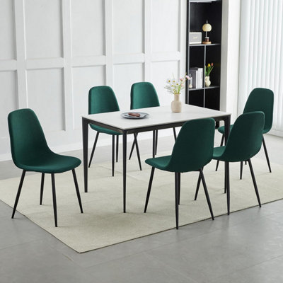 Set of 6 Green Linen Fabric Dining Chairs with Upholstered Seat and Metal Legs-Bella by MCC