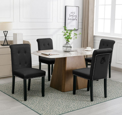 Set of 6 High Back Velvet Upholstered Kitchen Dining Chairs with Pull Knocker Ring Back Office Chairs Black