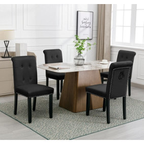 Set of 6 High Back Velvet Upholstered Kitchen Dining Chairs with Pull Knocker Ring Back Office Chairs Black