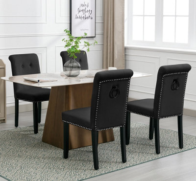 Set of 6 High Back Velvet Upholstered Kitchen Dining Chairs with Pull Knocker Ring Back Office Chairs Black