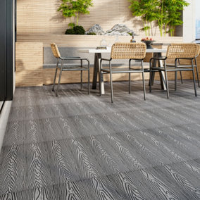 Set of 6 Interlocking Wood Grain Composite Garden Deck Tile Patio Floor Tiles Dark Grey 30cm x 60cm, 1.08m²