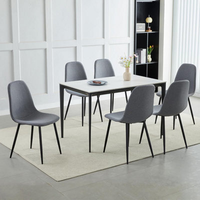 Set of 6 Light Grey Linen Fabric Dining Chairs with Upholstered Seat and Metal Legs-Bella by MCC