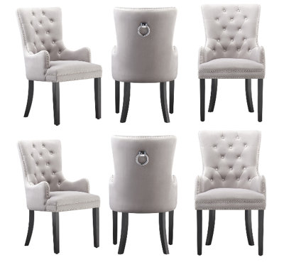 Set of 6 Light Grey Velvet Dining Chairs with Armrest, Ergonomic Scoop Knockerback & Button Tufted Wood Legs