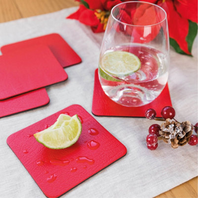 Faux Leather Placemats Set of 6 with Coasters for Dining Round Sewing Red