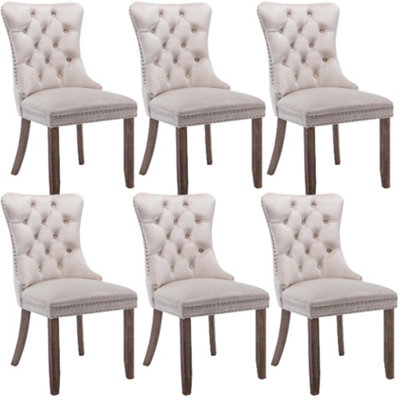 Set of 6 Lux Beige Velvet Upholstered Kitchen Dining Chairs Home Office Bedroom Chairs with Wing Back