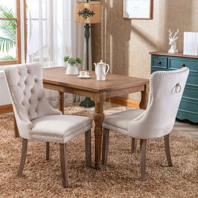 Set of 6 Lux Beige Velvet Upholstered Kitchen Dining Chairs Home Office Bedroom Chairs with Wing Back
