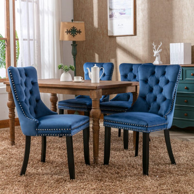 Set of 6 Lux Blue Velvet Knocker Kitchen Dining Chairs Bedroom Chairs with High Wing Back