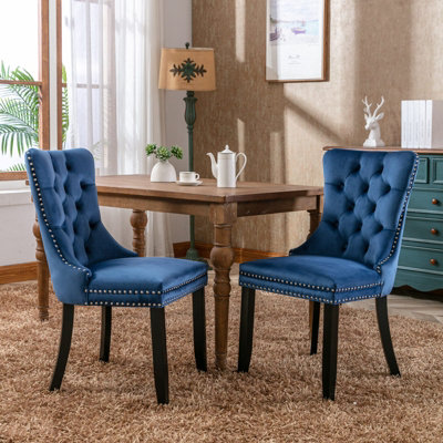 Set of 6 Lux Blue Velvet Knocker Kitchen Dining Chairs Bedroom Chairs with High Wing Back