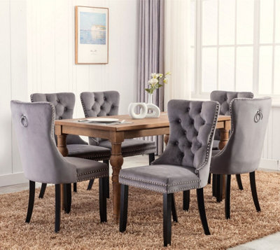 Set of 6 Lux Grey Velvet Kitchen Dining Chairs with Pull Knocker Ring Back Home Office Bedroom Chairs