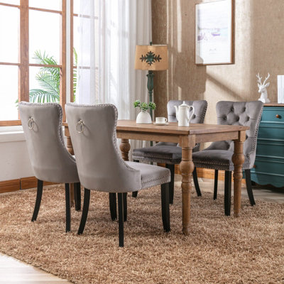 Set of 6 Lux Grey Velvet Kitchen Dining Chairs with Pull Knocker Ring Back Home Office Bedroom Chairs