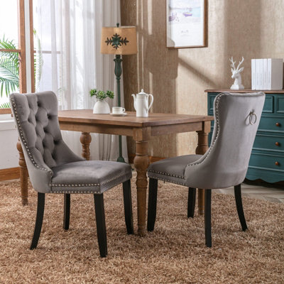 Set of Lux Grey Velvet Kitchen Dining Chairs with Pull Knocker